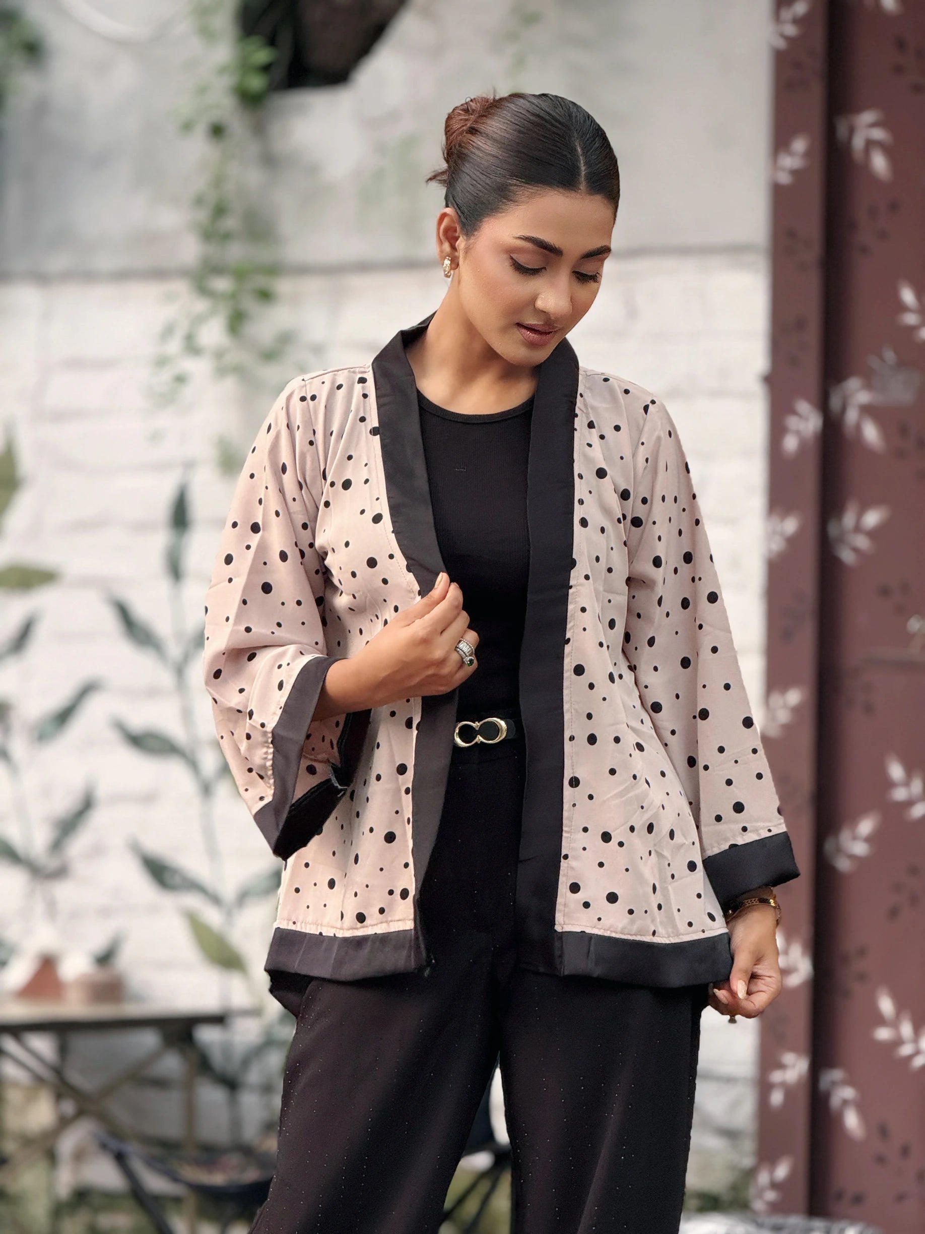 Ladies Short Kimono Polka Dot Front View – TrendyBuzz Bangladesh