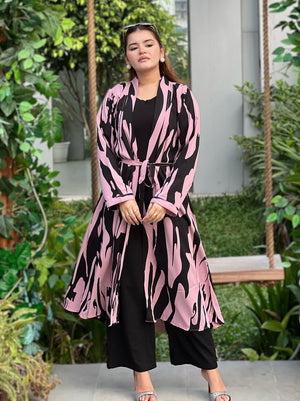 Pink Tiger Long Shrug Paired With Formal Pant and Round Neck T-shirt. Trendy Buzz.