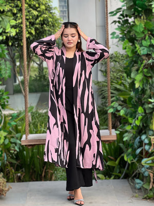 Pink Tiger Long Shrug Paired With Formal Pant and Round Neck T-shirt. Trendy Buzz.