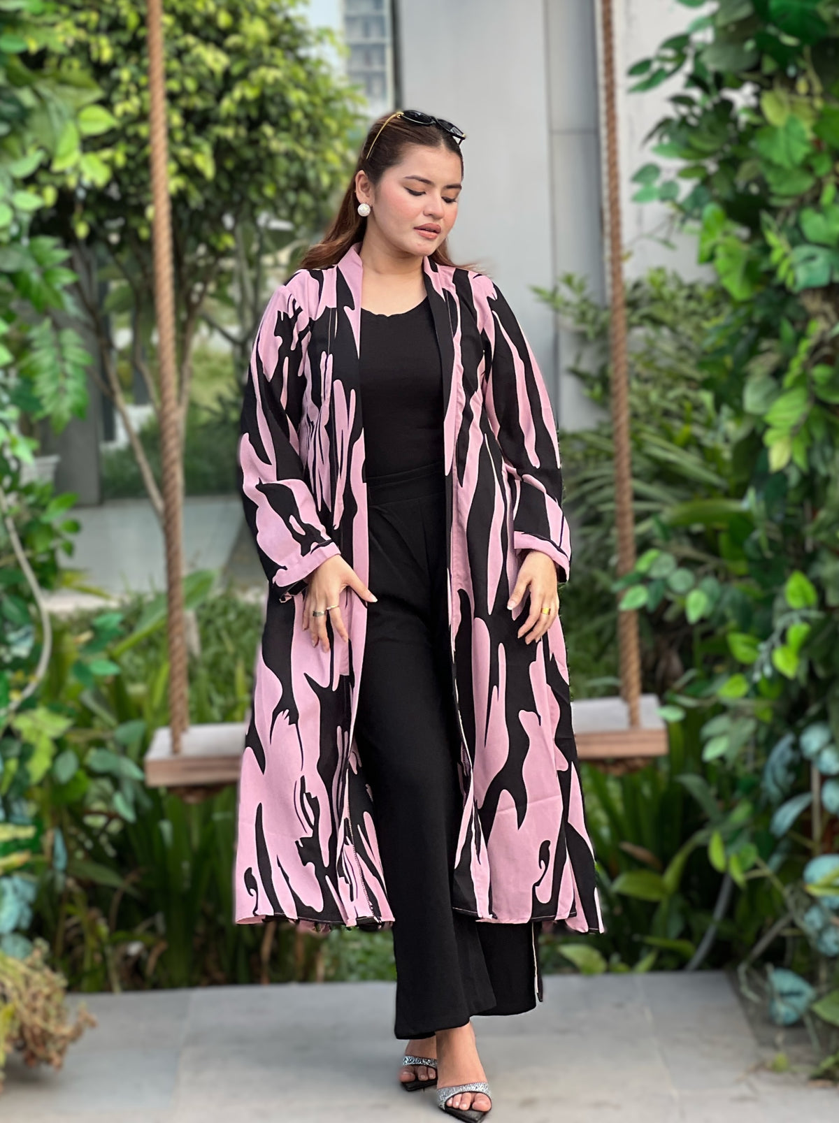 Pink Tiger Long Shrug Paired With Formal Pant and Round Neck T-shirt. Trendy Buzz.