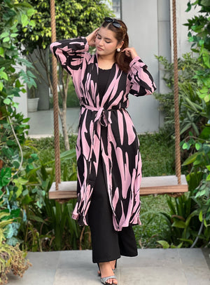 Pink Tiger Long Shrug Paired With Formal Pant and Round Neck T-shirt. Trendy Buzz.