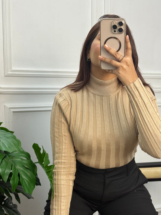 Winter Essential Crop Mock Neck Top – Full Sleeve Body-Warmer Style | Beige