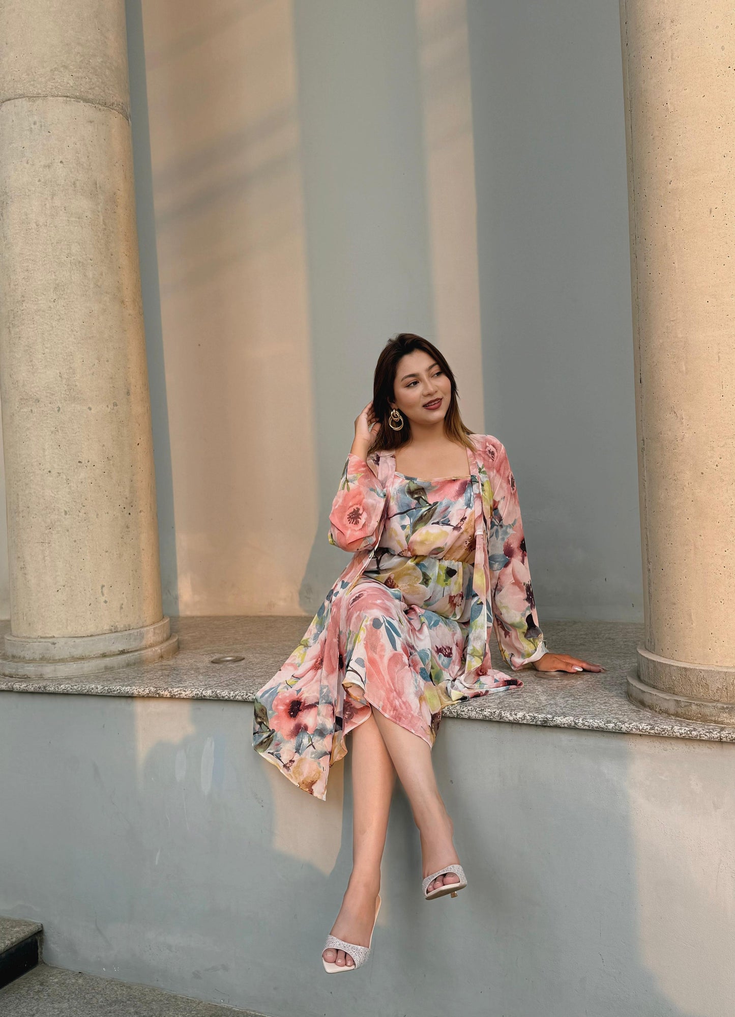 Midi Gown with Shrug Set || Koti Gown Set || Shrug + Midi || Pink Floral