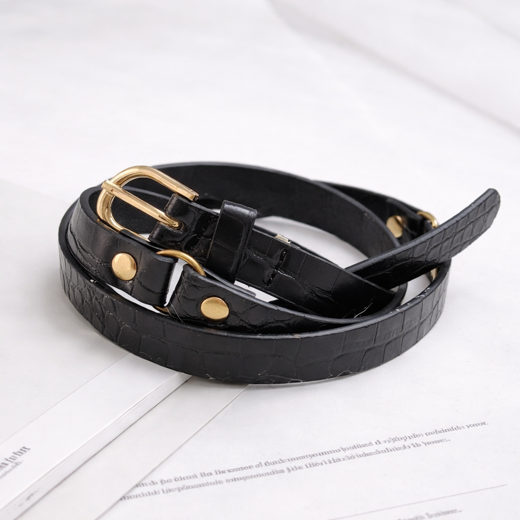 Women Black Double Strap Croco Belt with Gold Buckle – Trendy Waist Belt