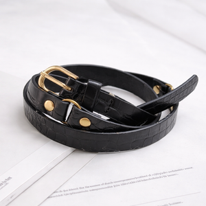 Women Black Double Strap Croco Belt with Gold Buckle – Trendy Waist Belt