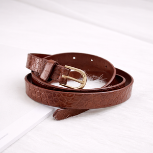 Women Brown Croco Textured Belt with Gold Buckle – Stylish Waist Belt