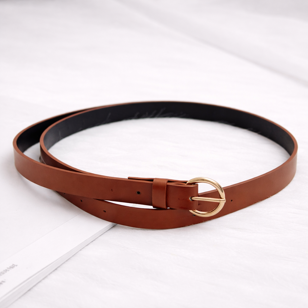 Women Brown Faux Leather Belt with Gold Buckle – Trendy Fashion Accessory