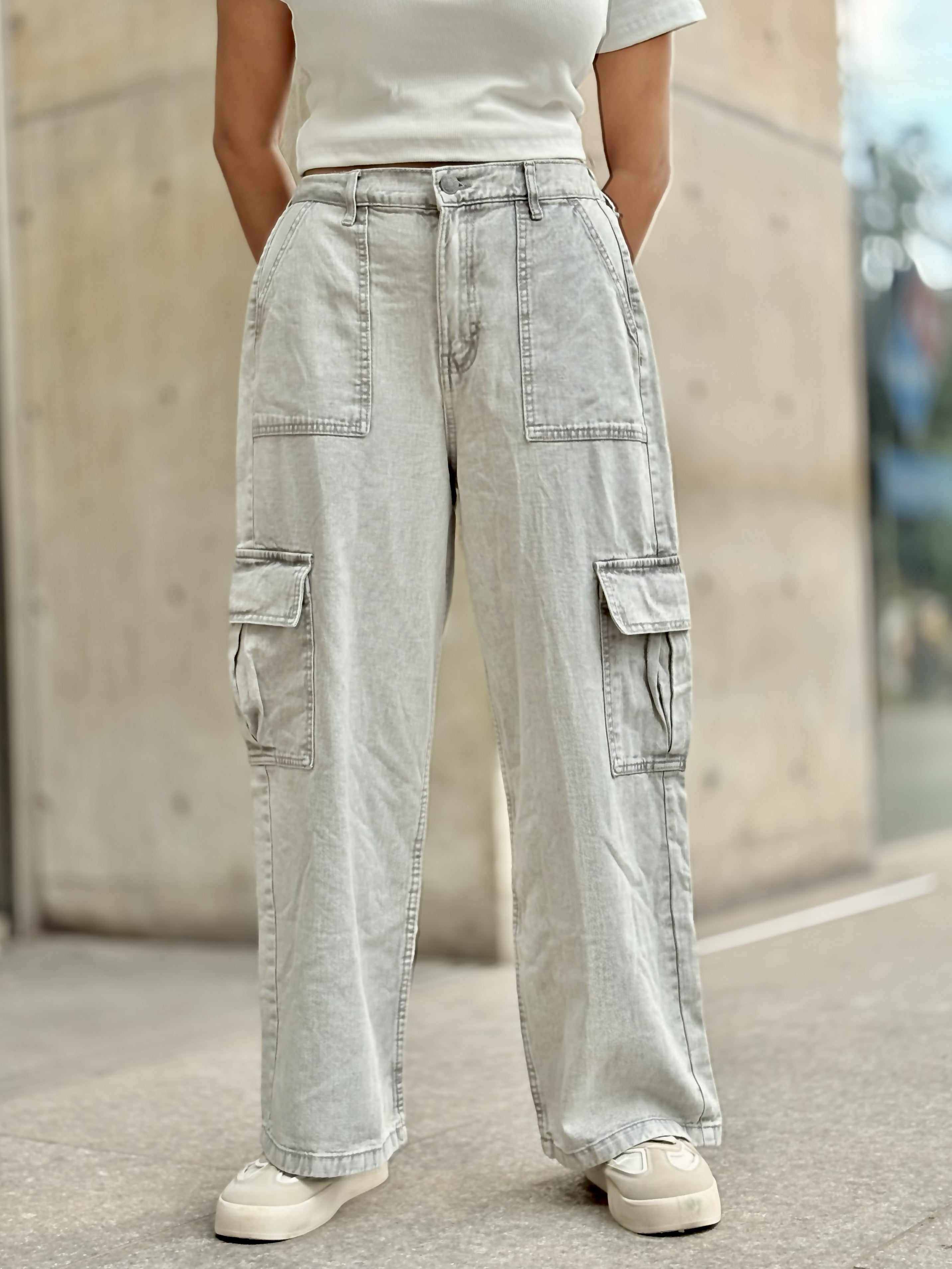 Women's Cargo Straight Jeans in Ash color with high waist, straight-leg fit and cargo pockets by Trendy Buzz.