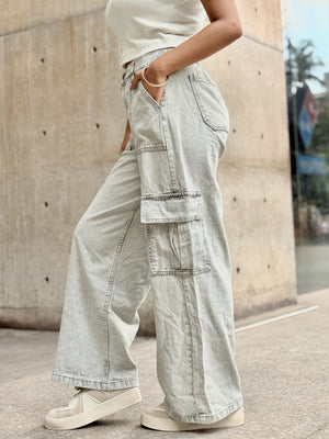 Women's Cargo Straight Jeans in Ash color with high waist, straight-leg fit and cargo pockets by Trendy Buzz.