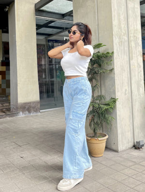 Women's Light Blue Cargo Straight Jeans with high-waist fit, straight-leg design and cargo pockets by Trendy Buzz.
