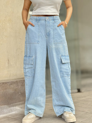 Women's Light Blue Cargo Straight Jeans with high-waist fit, straight-leg design and cargo pockets by Trendy Buzz.
