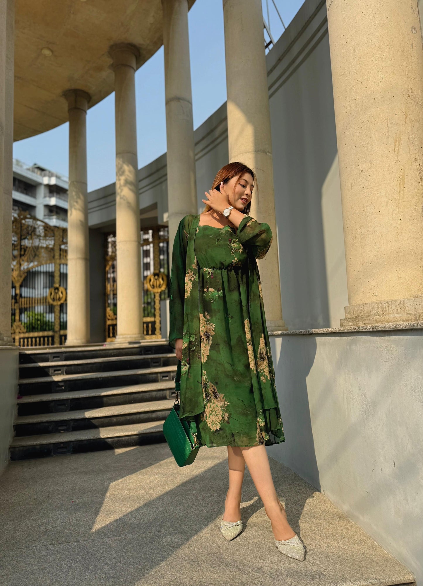 Midi Gown with Shrug Set || Koti Gown Set || Long Shrug With Midi || Green