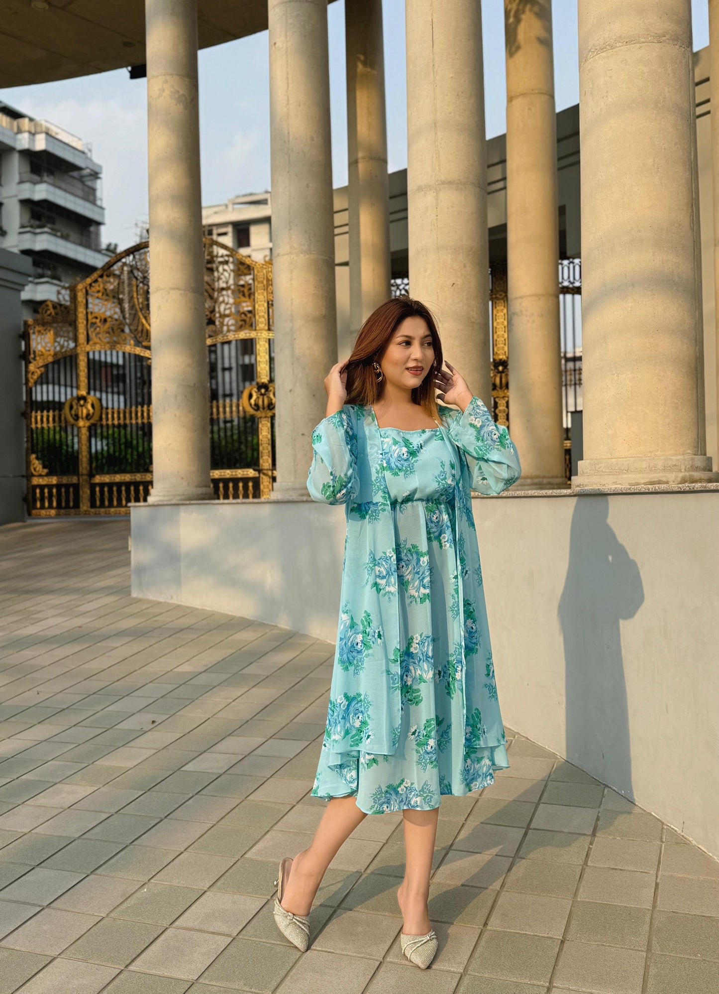 Midi Gown with Shrug Set || Koti Gown Set || Shrug + Midi || Sky