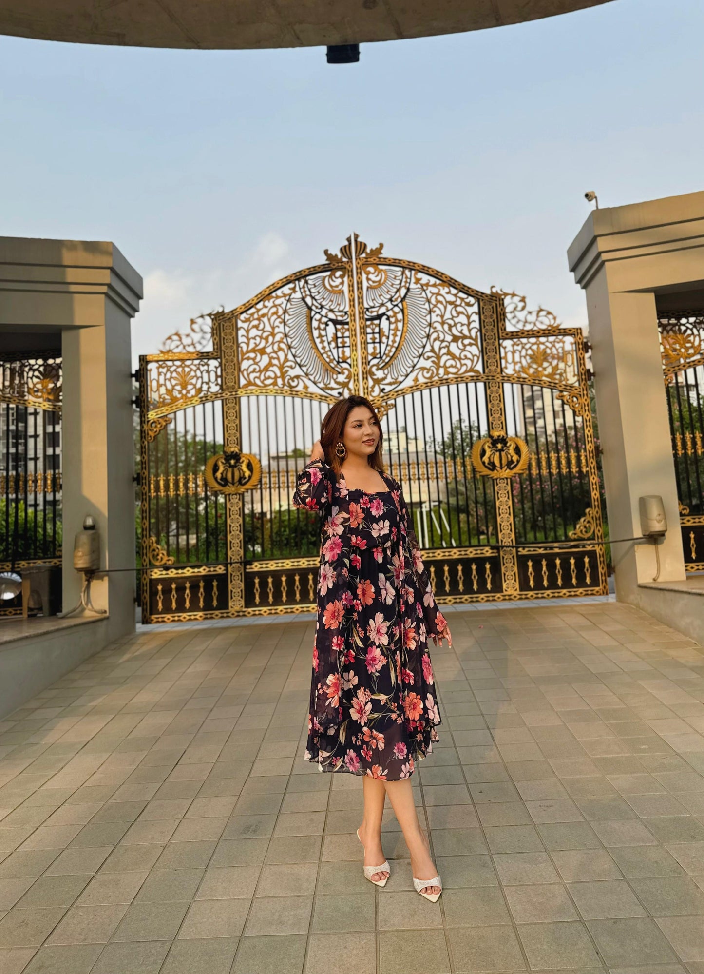 Midi Gown with Shrug Set || Koti Gown Set || Shrug + Midi || Deep Blue Floral