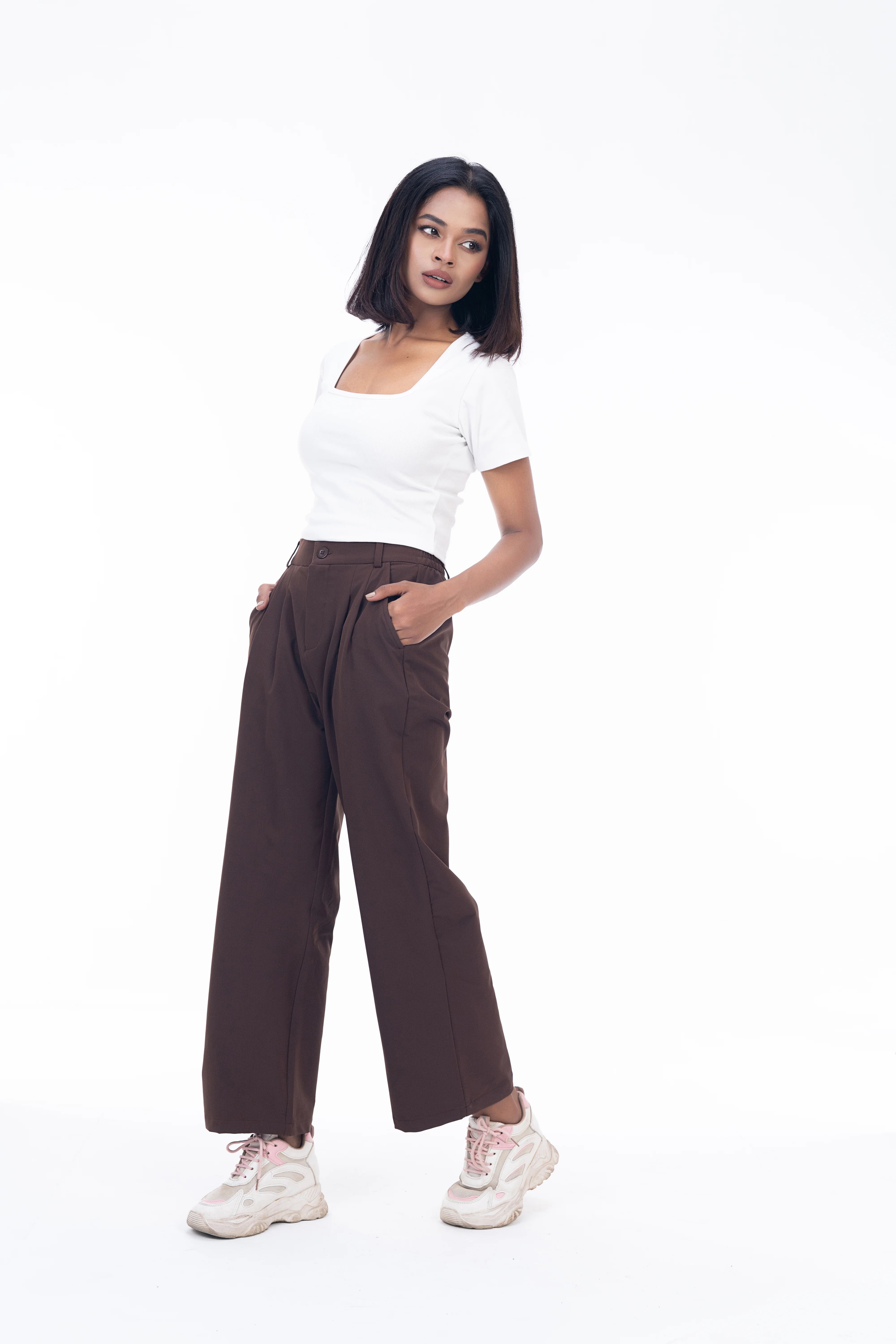 Ladies Wide Leg Formal Pant || High Waist Office Wear || Coffee