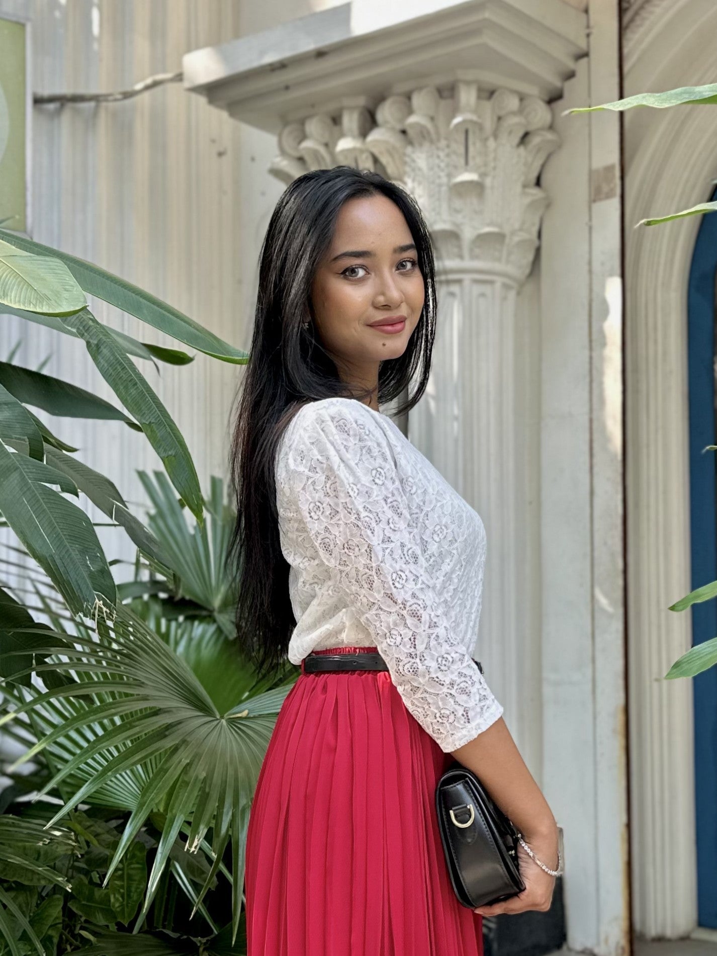 woman wearing white floral lace elegant top trendy buzz