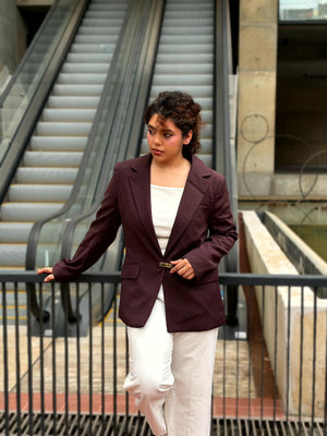 Dark chocolate premium buckle blazer for women with padded shoulders and metal buckle closure. Trendy Buzz BD.