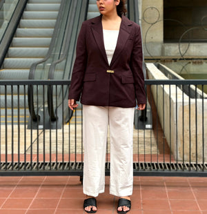 Dark chocolate premium buckle blazer for women with padded shoulders and metal buckle closure. Trendy Buzz BD.
