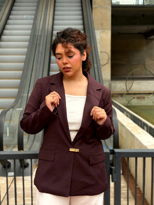 Dark chocolate premium buckle blazer for women with padded shoulders and metal buckle closure. Trendy Buzz BD.