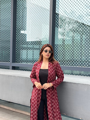 Long Shrug For Women Red Print. Stylish Long Koti. Trendy Buzz.