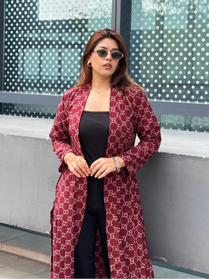 Long Shrug For Women Red Print. Stylish Long Koti. Trendy Buzz.