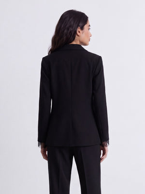 Premium black blazer with lace-attached sleeves for women. Trendy Buzz BD.
