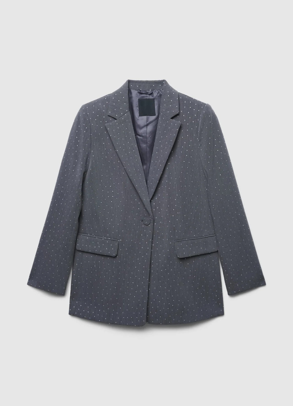 Ladies stone work party blazer in gray color styled with black wide leg pants and black crop top. Trendy Buzz BD.
