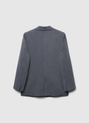 Ladies stone work party blazer in gray color styled with black wide leg pants and black crop top. Trendy Buzz BD.