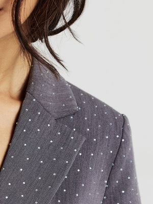 Ladies stone work party blazer in gray color styled with black wide leg pants and black crop top. Trendy Buzz BD.