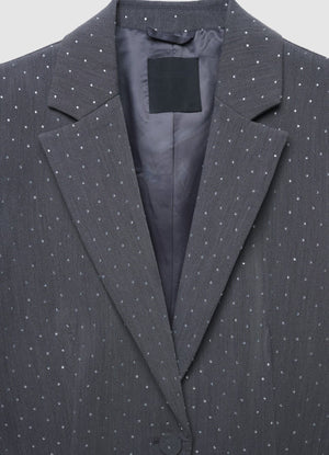 Ladies stone work party blazer in gray color styled with black wide leg pants and black crop top. Trendy Buzz BD.