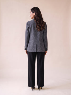 Ladies stone work party blazer in gray color styled with black wide leg pants and black crop top. Trendy Buzz BD.