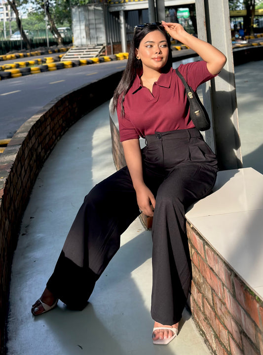 Ladies Wide Leg Formal Pant (Button) || Black