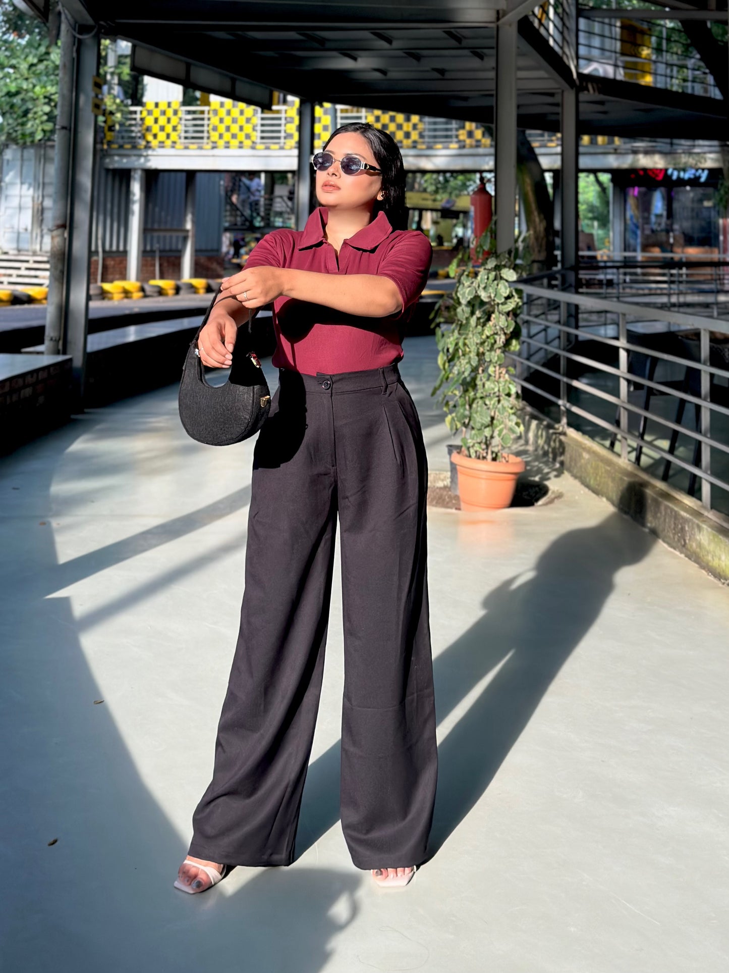 Ladies Wide Leg Formal Pant (Button) || Black