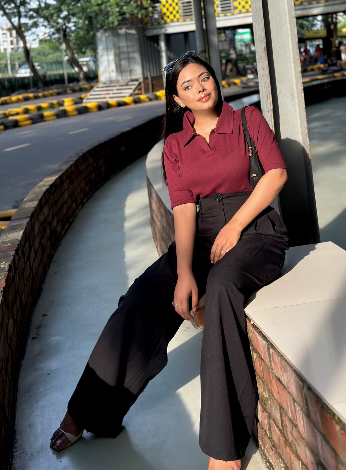 Ladies Wide Leg Formal Pant (Button) || Black