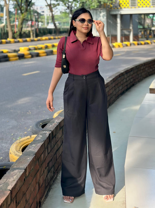 Ladies Wide Leg Formal Pant (Button) || Black