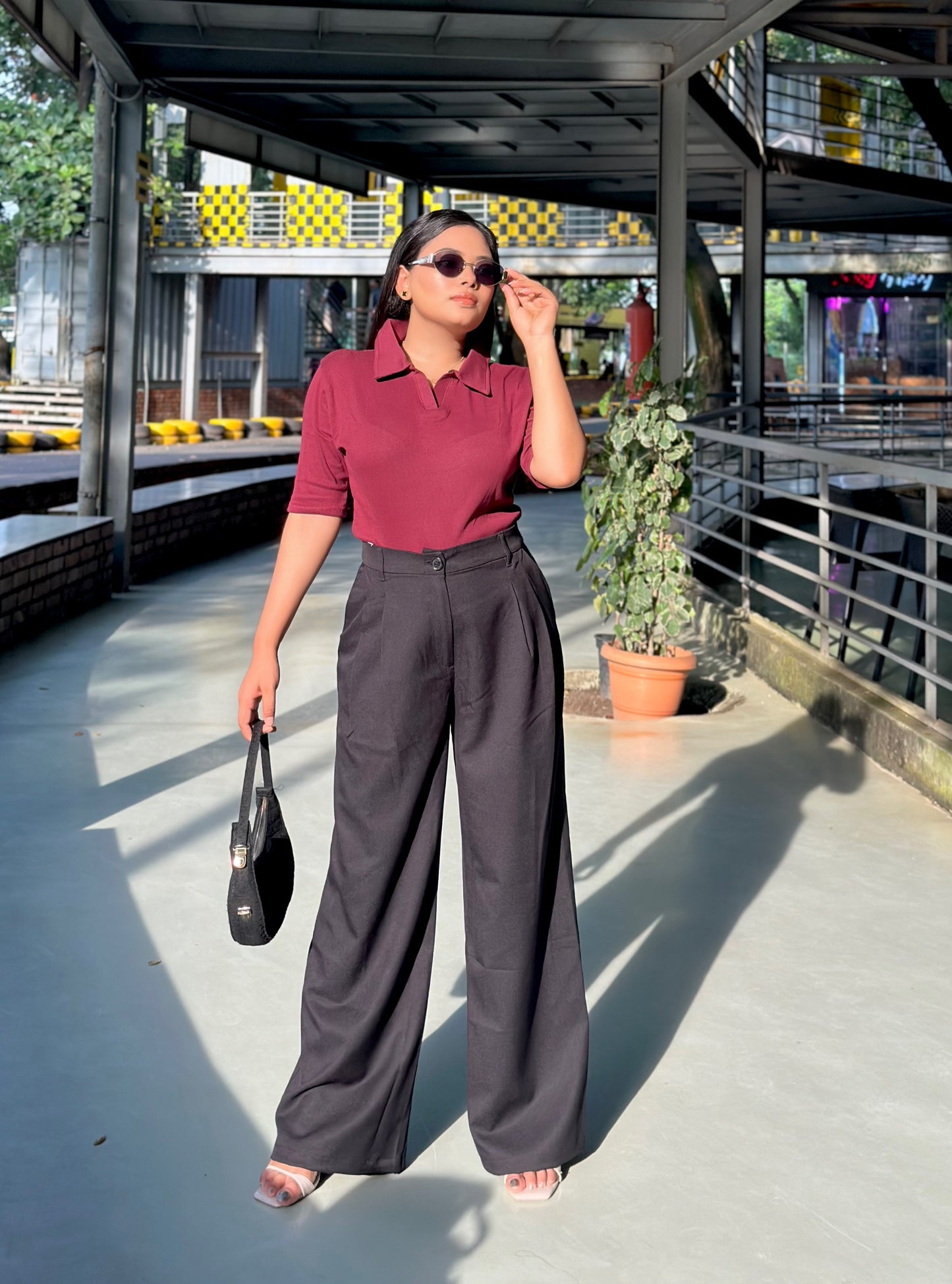 Ladies Wide Leg Formal Pant (Button) || Black