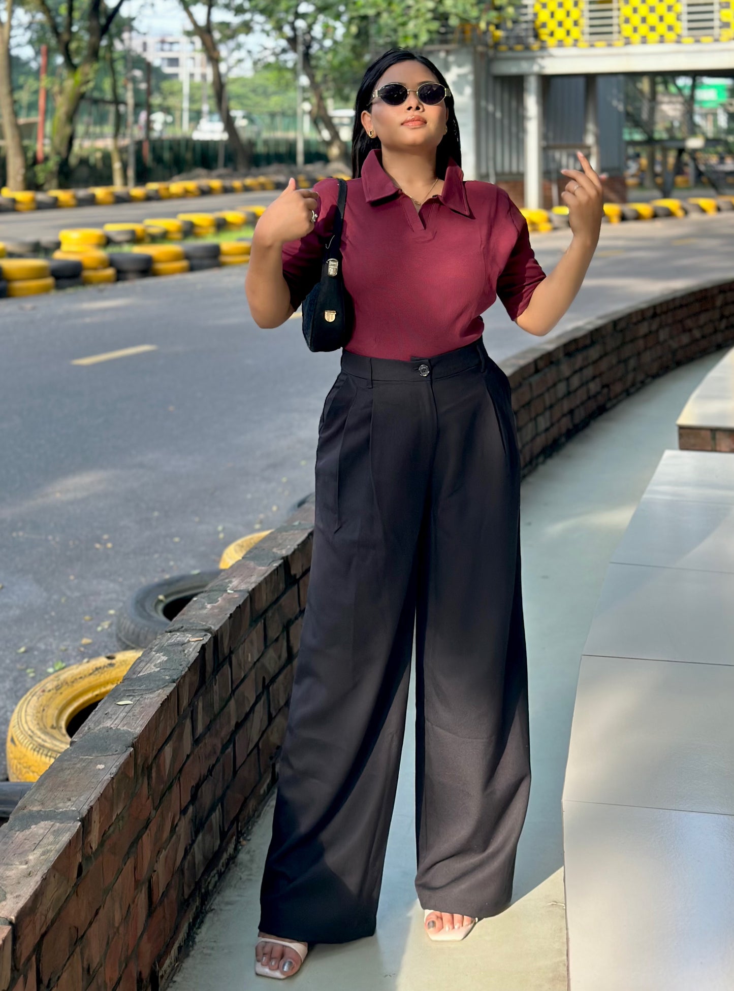 Ladies Wide Leg Formal Pant (Button) || Black