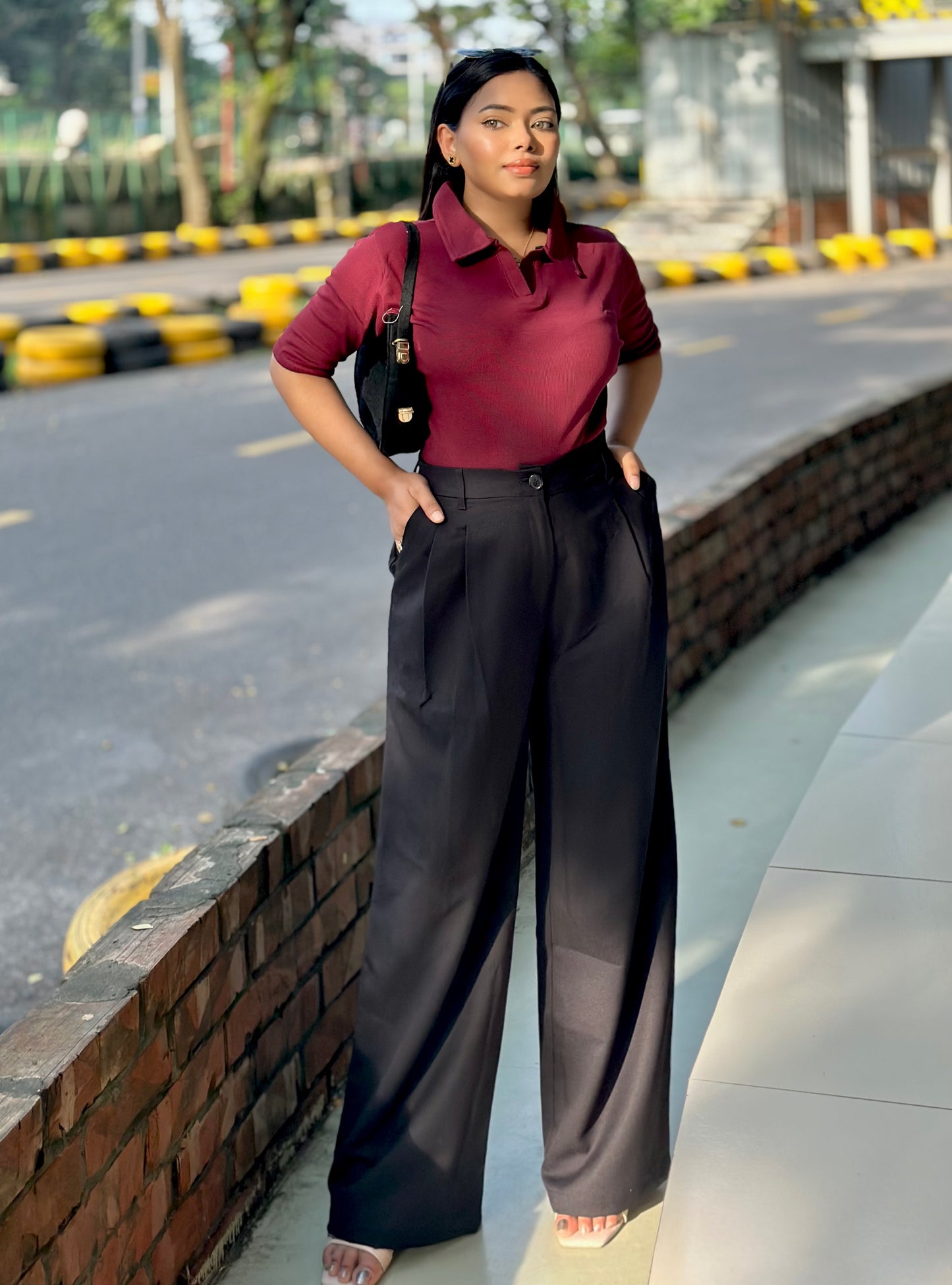 Ladies Wide Leg Formal Pant (Button) || Black