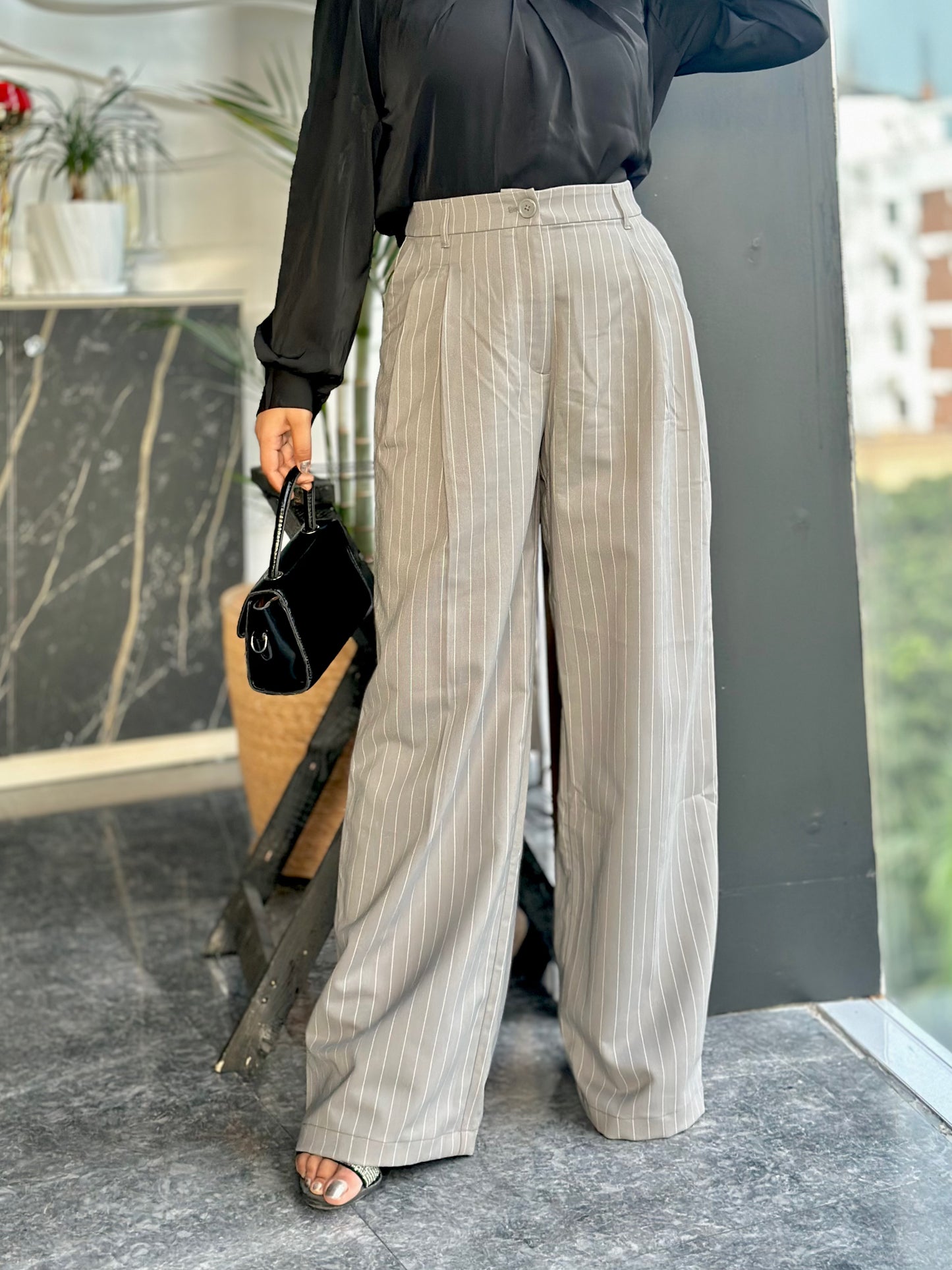 Ladies Check Print Wide Leg Formal Pant (Button) || Ash Gray Check