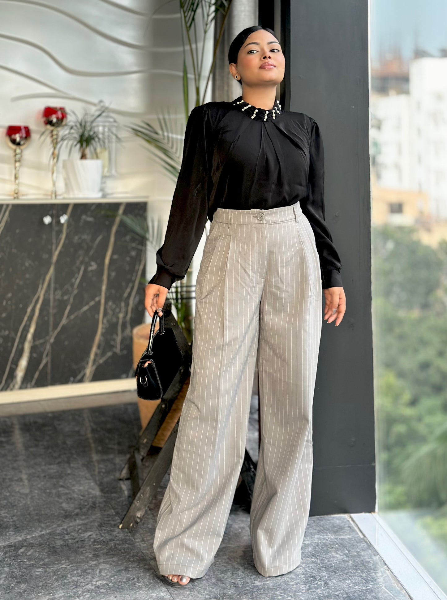 Ladies Check Print Wide Leg Formal Pant (Button) || Ash Gray Check