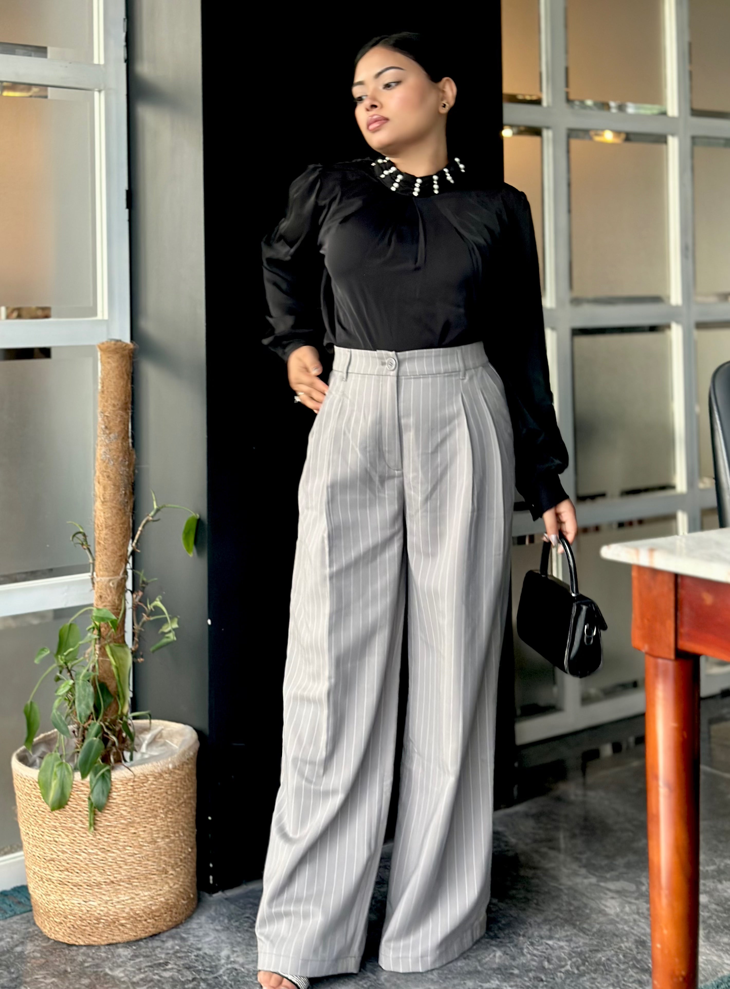 Ladies Check Print Wide Leg Formal Pant (Button) || Ash Gray Check