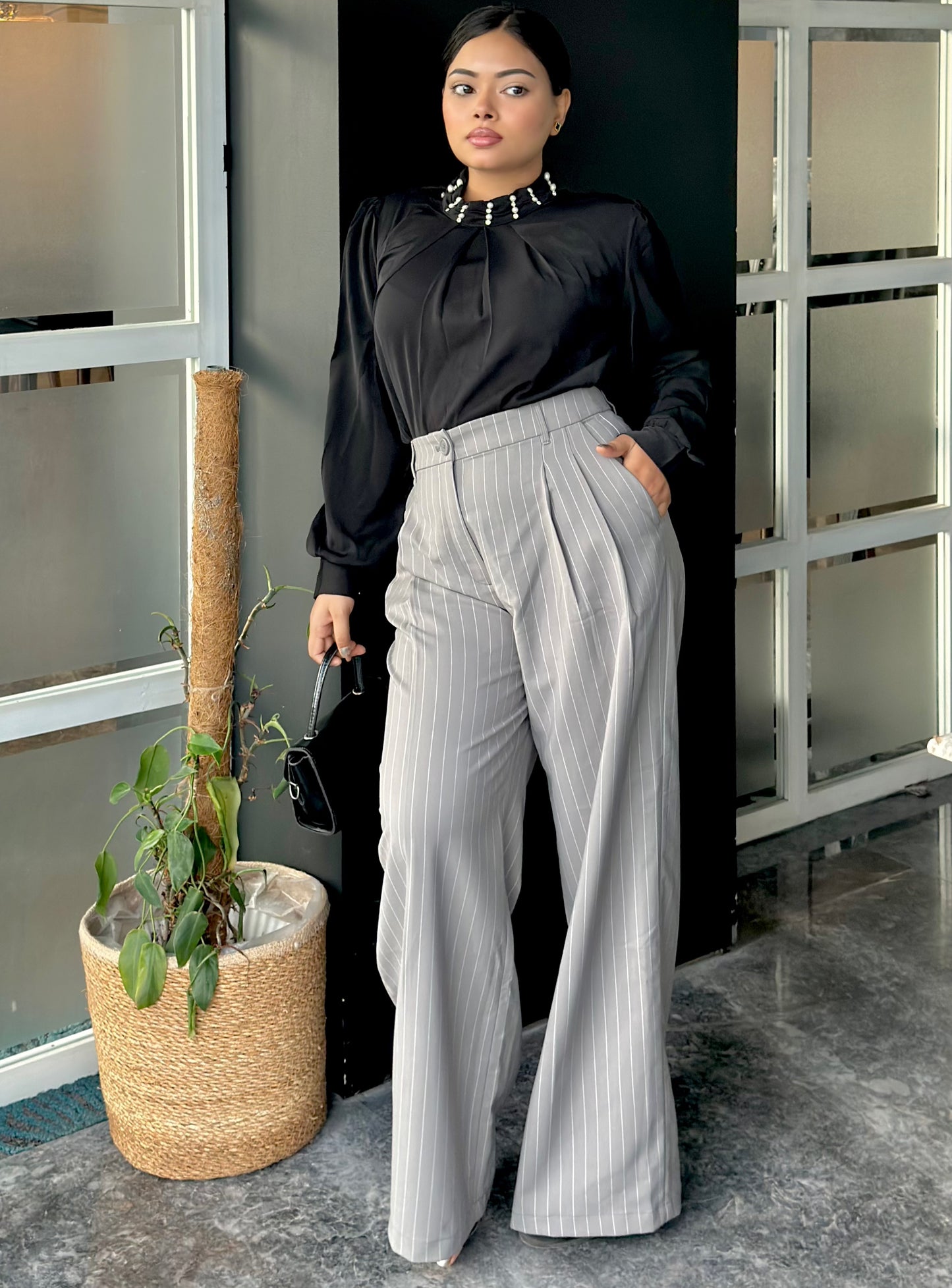 Ladies Check Print Wide Leg Formal Pant (Button) || Ash Gray Check