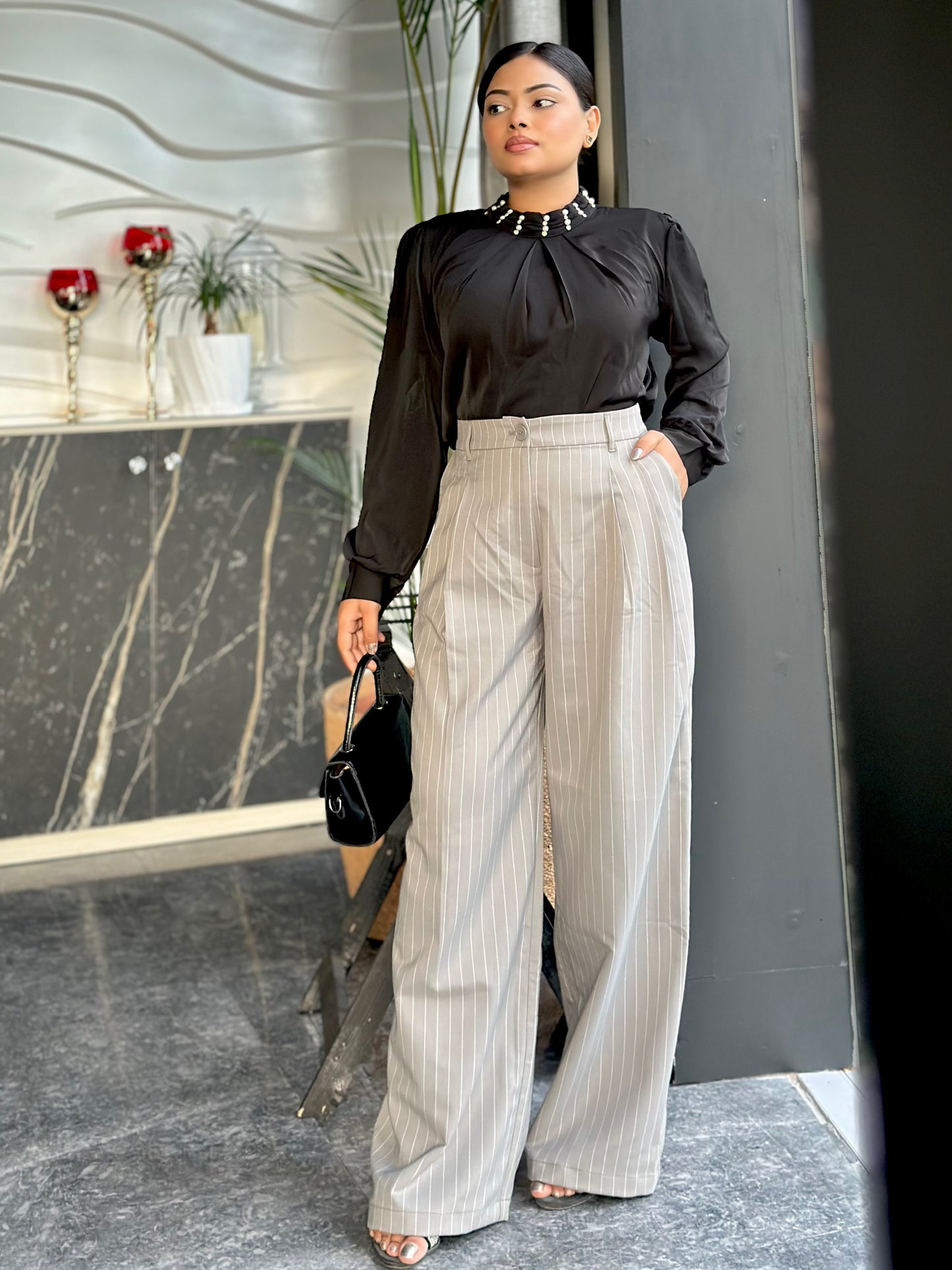 Ladies Check Print Wide Leg Formal Pant (Button) || Ash Gray Check