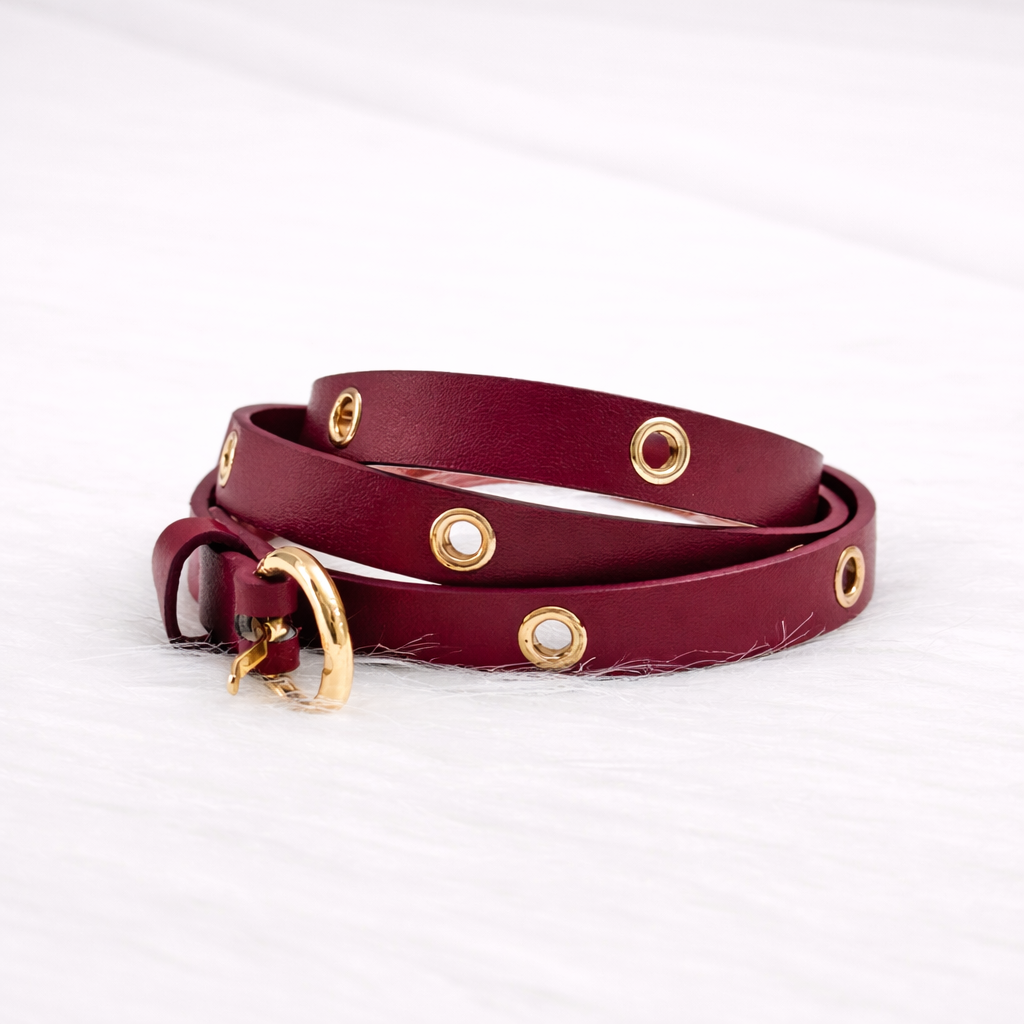 Women Maroon Eyelet Belt with Gold Buckle – Slim Waist Belt for Dress & Co-ord