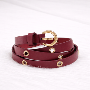 Women Maroon Eyelet Belt with Gold Buckle – Slim Waist Belt for Dress & Co-ord