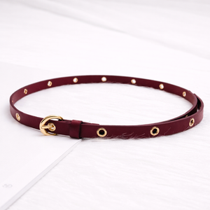 Women Maroon Eyelet Belt with Gold Buckle – Slim Waist Belt for Dress & Co-ord
