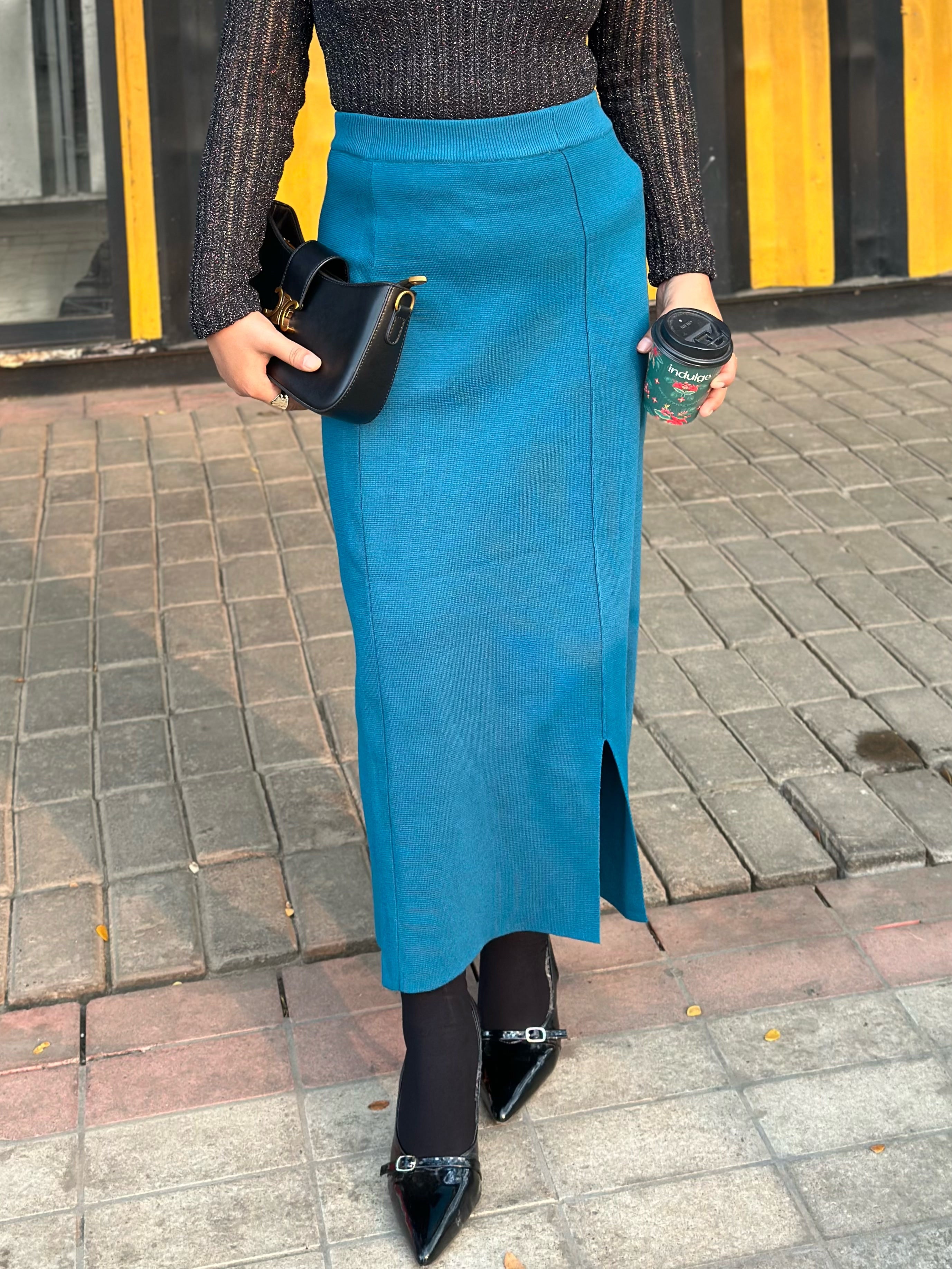 Ladies Sea Blue High Waist Pencil Skirt || Western Wear || Sea Blue Skirt