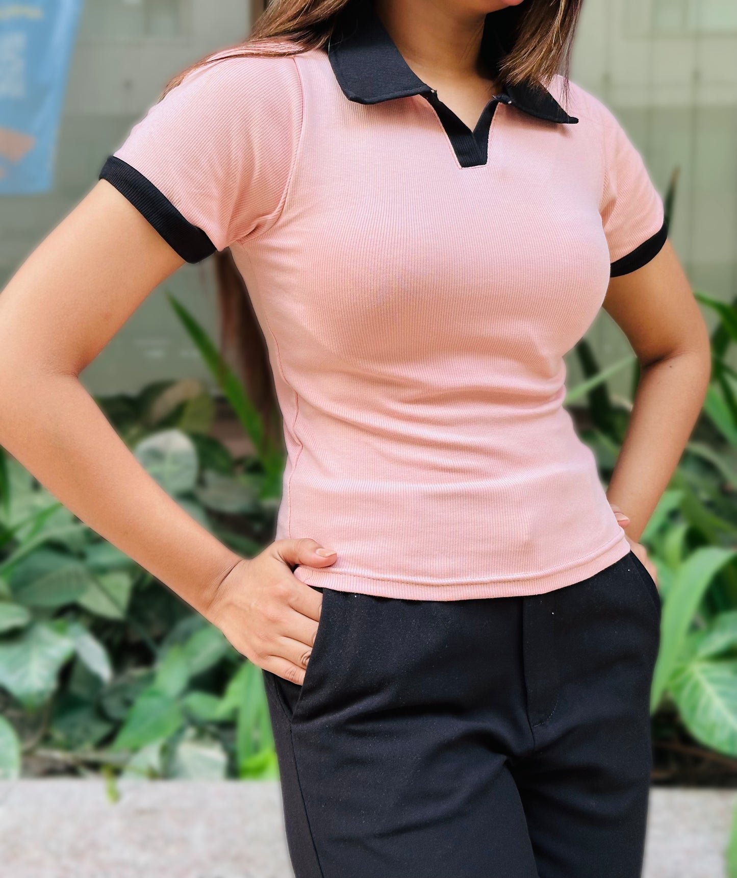 Contrast Polo T-Shirt || Pink