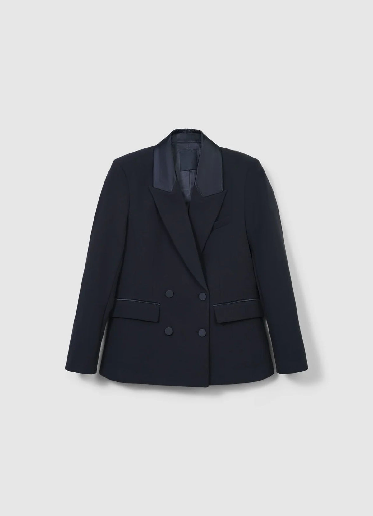 Premium 6 button double-breasted black blazer for women with satin-like lapels and flap pockets. trendy buzz bd.