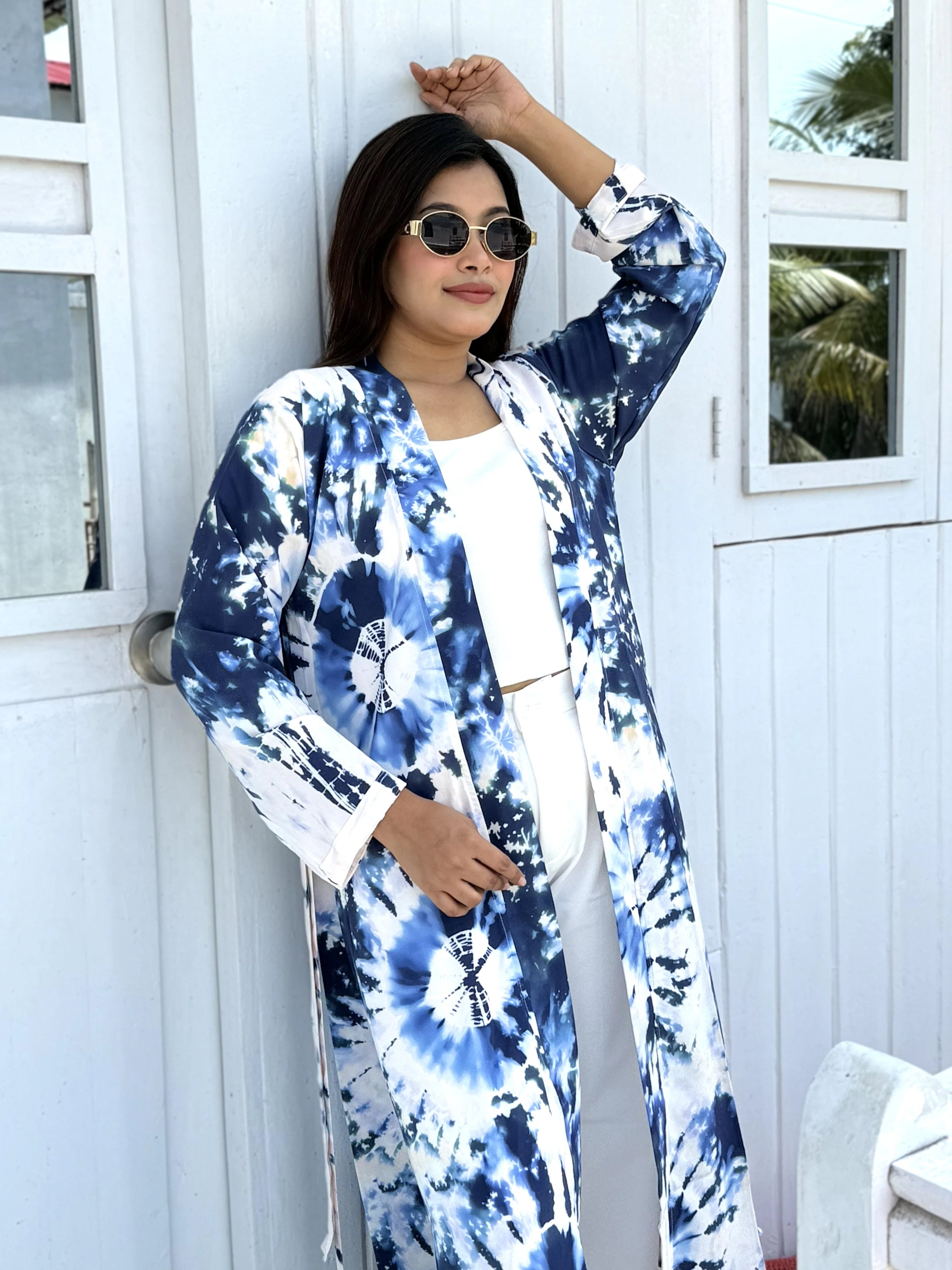 Ocean Mist - Blue & White Tie-Dye Elegant Long Shrug for wmen. can be style in vacation,tour,outting or more places. Buy long shrug from Trendy Buzz.